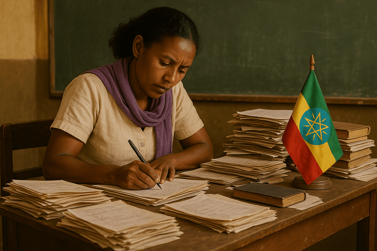 Tired teacher overwhelmed with paperwork